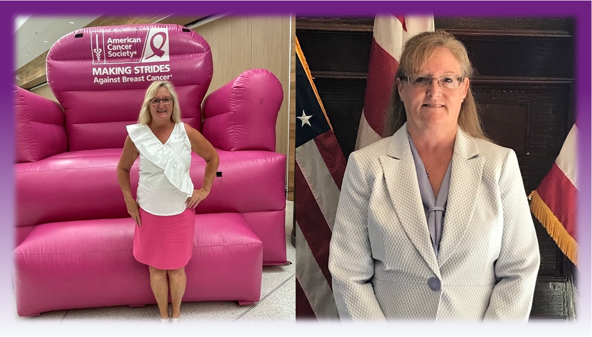 Two images of female breast cancer survivor, one standing in front of large pink chair and one standing in front of flags.